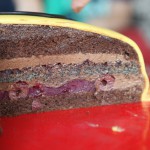 Čokoládovo-makový korpus, čokoládový krém, višne v želatíne, višňový džem
